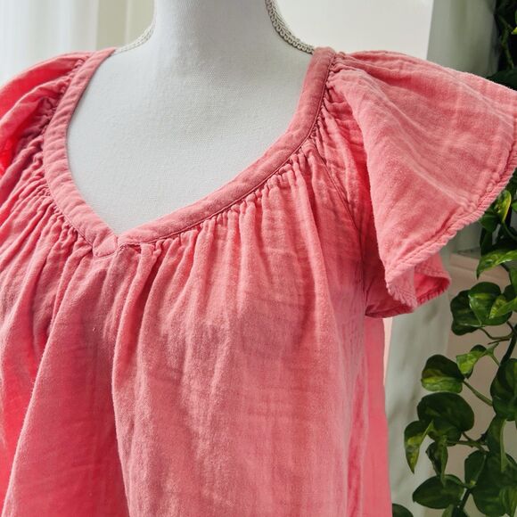 Old Navy Coral Pink Ruffly 100% Cotton Soft Billowy Cottagecore Blouse - Large - Picture 4 of 8